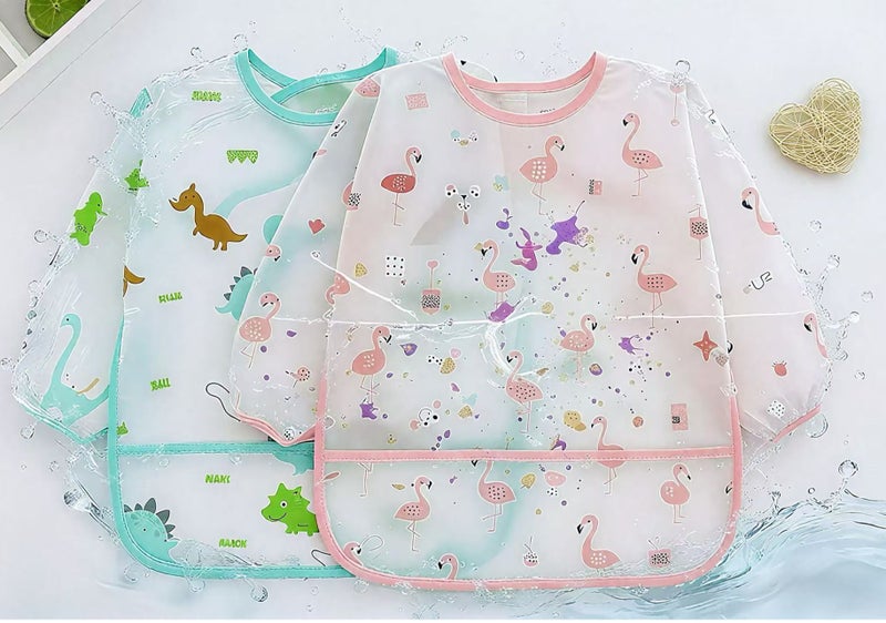 HPMY Baby Long Sleeve Waterproof Bibs 2-Piece Set with Large Pockets for Infants 6-36 Months Reusable Feeding and Travel Bibs for Mealtime Drawing Play Everyday Use - Image 1