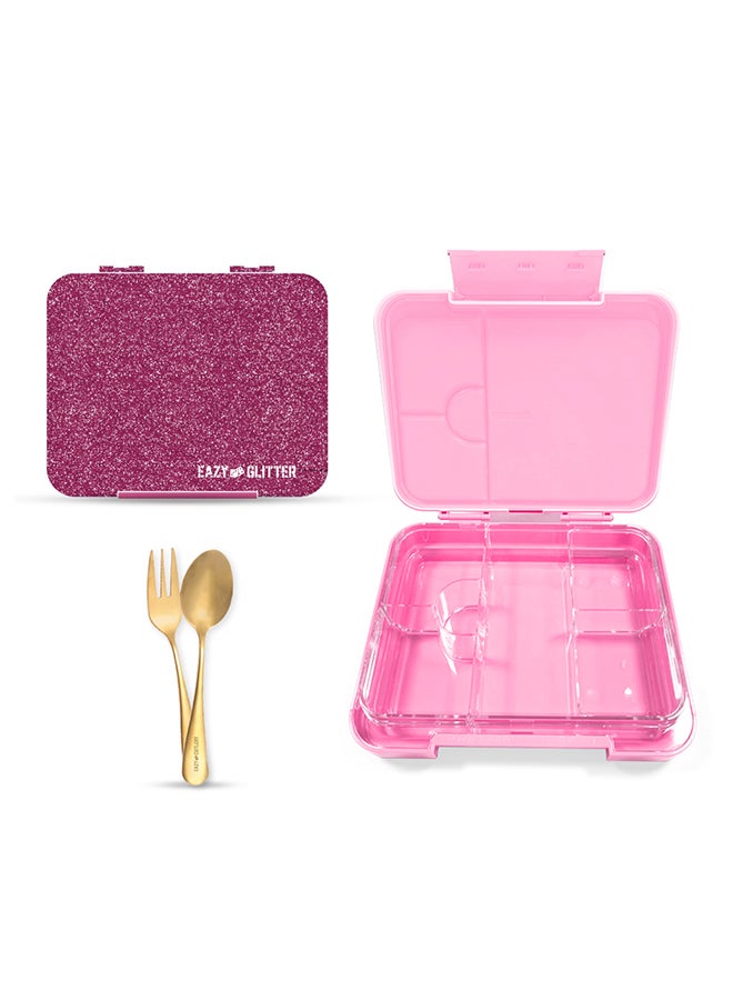 Eazy Kids صندوق غداء بنتو قابل للتحويل 6 و 4 مع حقيبة غداء، مجموعة ملعقة وشوكة - وردي لامع - Image 2