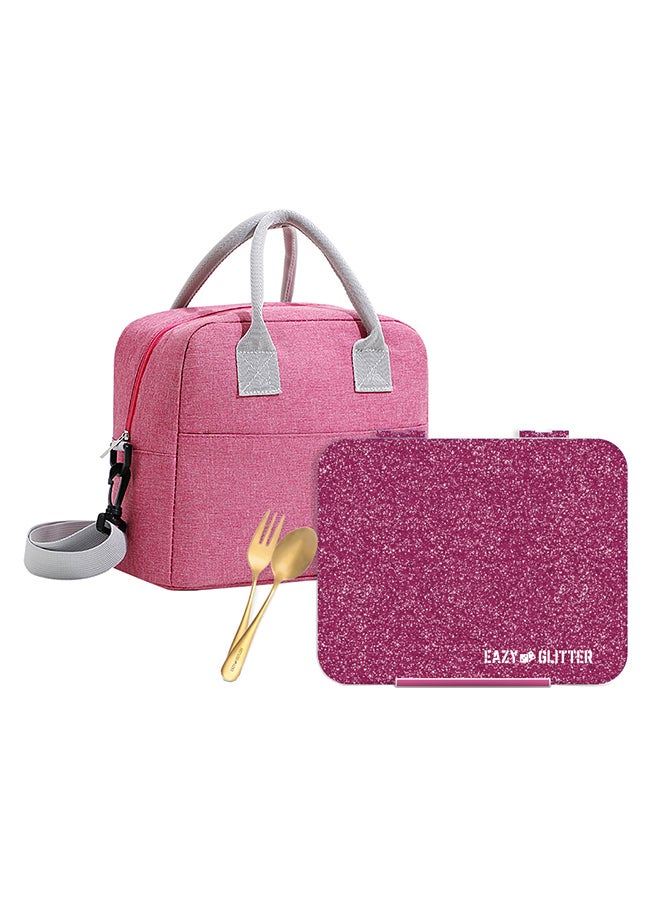 Eazy Kids صندوق غداء بنتو قابل للتحويل 6 و 4 مع حقيبة غداء، مجموعة ملعقة وشوكة - وردي لامع - Image 1