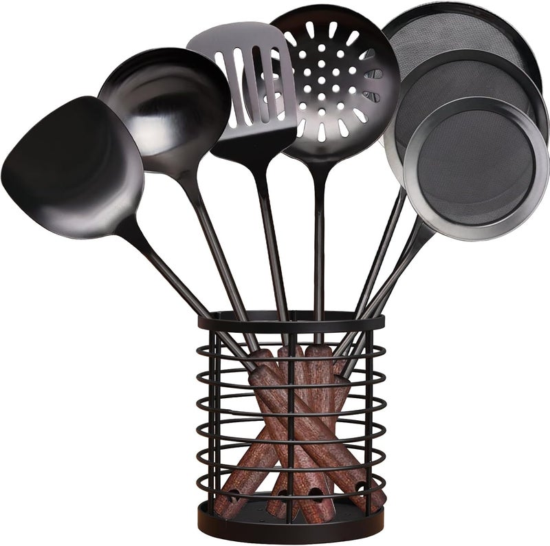 MARTE Kitchen Cooking Utensils Set with Utensil Holder 8 Pcs Serving Tool304 Stainless Steel Kitchen Cooking Spatula SetSpatulaSoup Ladle Skimmer SpoonSlotted TunnerFine Mesh Food Strainer - Image 1