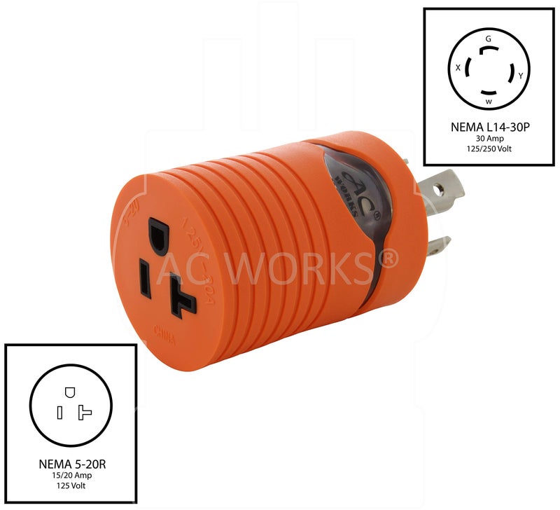 AC WORKS [ADL1430520] Locking Adapter L14-30P 30Amp 125/250Volt 4-Prong Male Plug to 5-15/20R Regular Household 15/20Amp Female Connector - Image 2