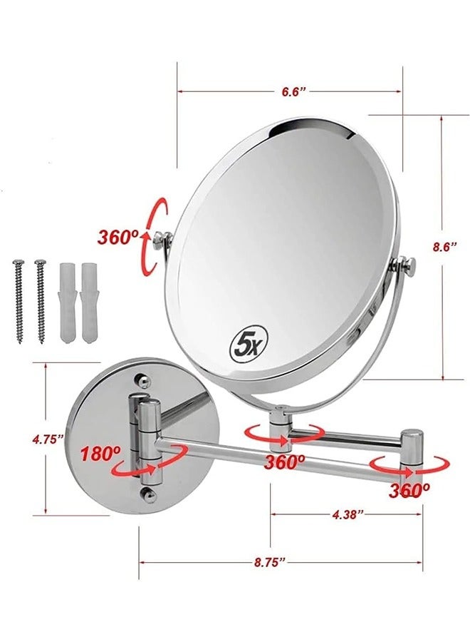 JCB CHIC Wall Mounted Makeup Mirror Double Sided 5X Magnification 360° Swivel Extendable Cosmetic Vanity Mirror for Bathroom Hotels-8 inches - Image 2
