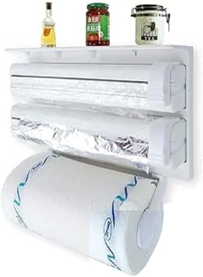 Rylan 3 in 1 Wrap Center Holds Silver Foil, Plastic Wrap, and Paper Towels / 3 in 1 Kitchen Triple Paper Dispenser & Holder - White Plastic Mountable Paper Towel Holder