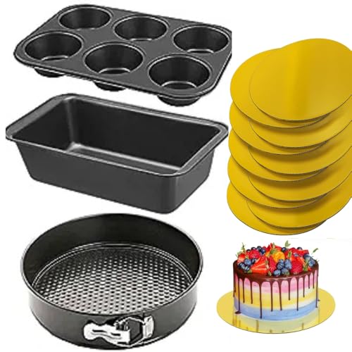 TrendyTrolley® 3 Pc Cake Baking Combo Set | Round Cake Tin + Muffin Tray + Bread Loaf Pan with 10 Inch Golden Cake Base Board | Non-Stick Bakeware for Oven | Home Bakers & Professionals - Image 1