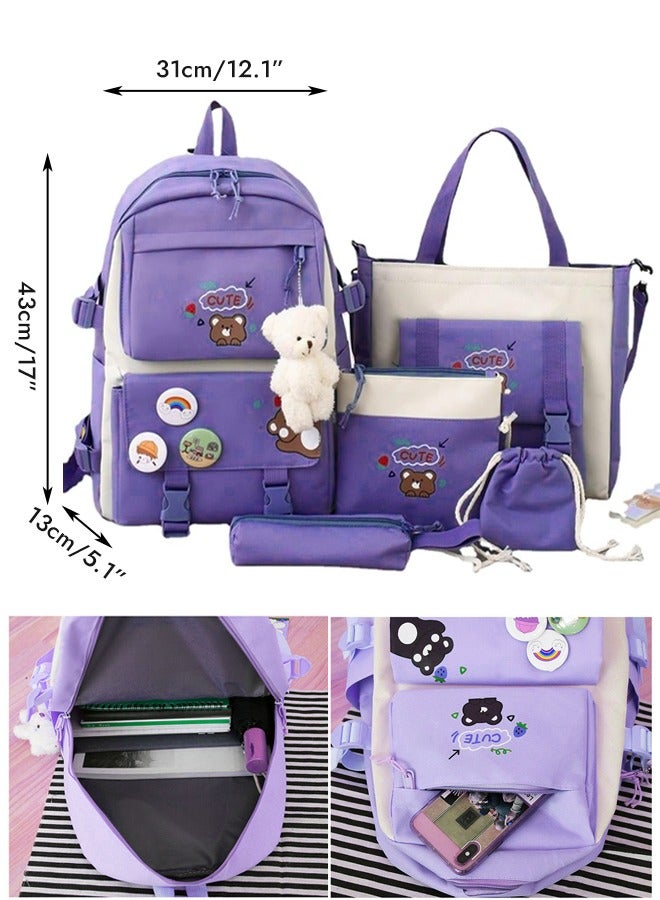 مجموعة من 5 حقائب ظهر لطيفة كاواي مع دبابيس قلادة على شكل دب، مجموعة حقائب ظهر من القماش مع حقيبة حمل أرجوانية اللون - Image 2