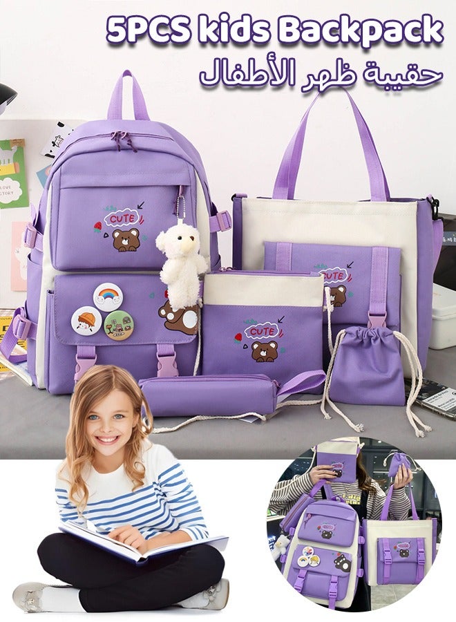 مجموعة من 5 حقائب ظهر لطيفة كاواي مع دبابيس قلادة على شكل دب، مجموعة حقائب ظهر من القماش مع حقيبة حمل أرجوانية اللون - Image 1