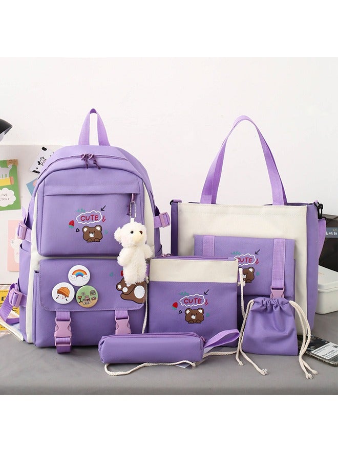 مجموعة من 5 حقائب ظهر لطيفة كاواي مع دبابيس قلادة على شكل دب، مجموعة حقائب ظهر من القماش مع حقيبة حمل أرجوانية اللون - Image 5