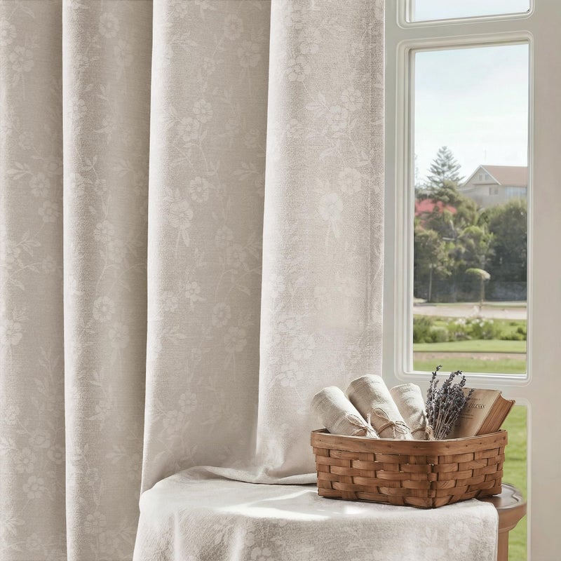 Beauoop Cream Floral Jacquard Blackout Curtains 84 Inches Long 2 Panels for Living Room Bedroom Chenille Flower Room Darkening Thermal Insulated Soundproof Grommet Window Drapes, 52x84 Set of 2 - Image 1