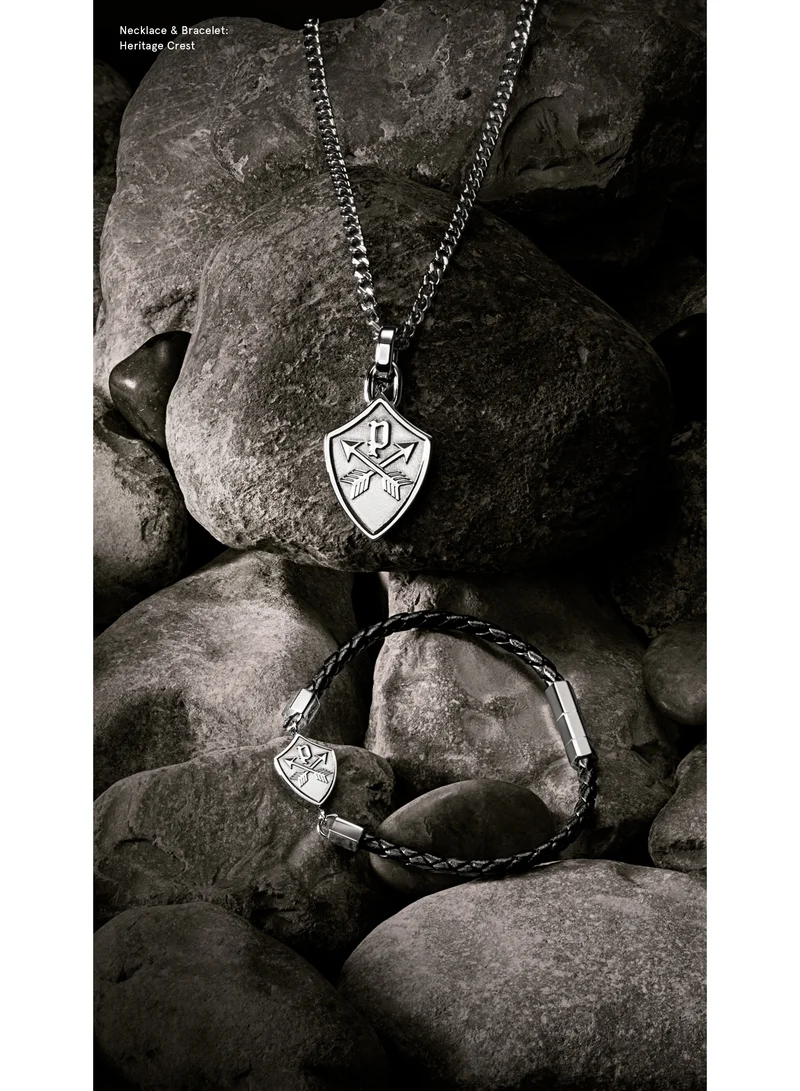 POLICE Heritage Crest Silver with Black Leather Bracelet Large Men