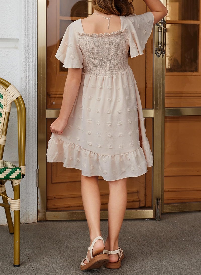 blibean Tween Girls Summer Dress Teen Girl Chiffon Flower Boho Dresses Big Kids Flutter Short Sleeve Cute Clothes School Polka Dots Easter Vestidos NiÃ±as Size 10-11 Years Old Cream - Image 3