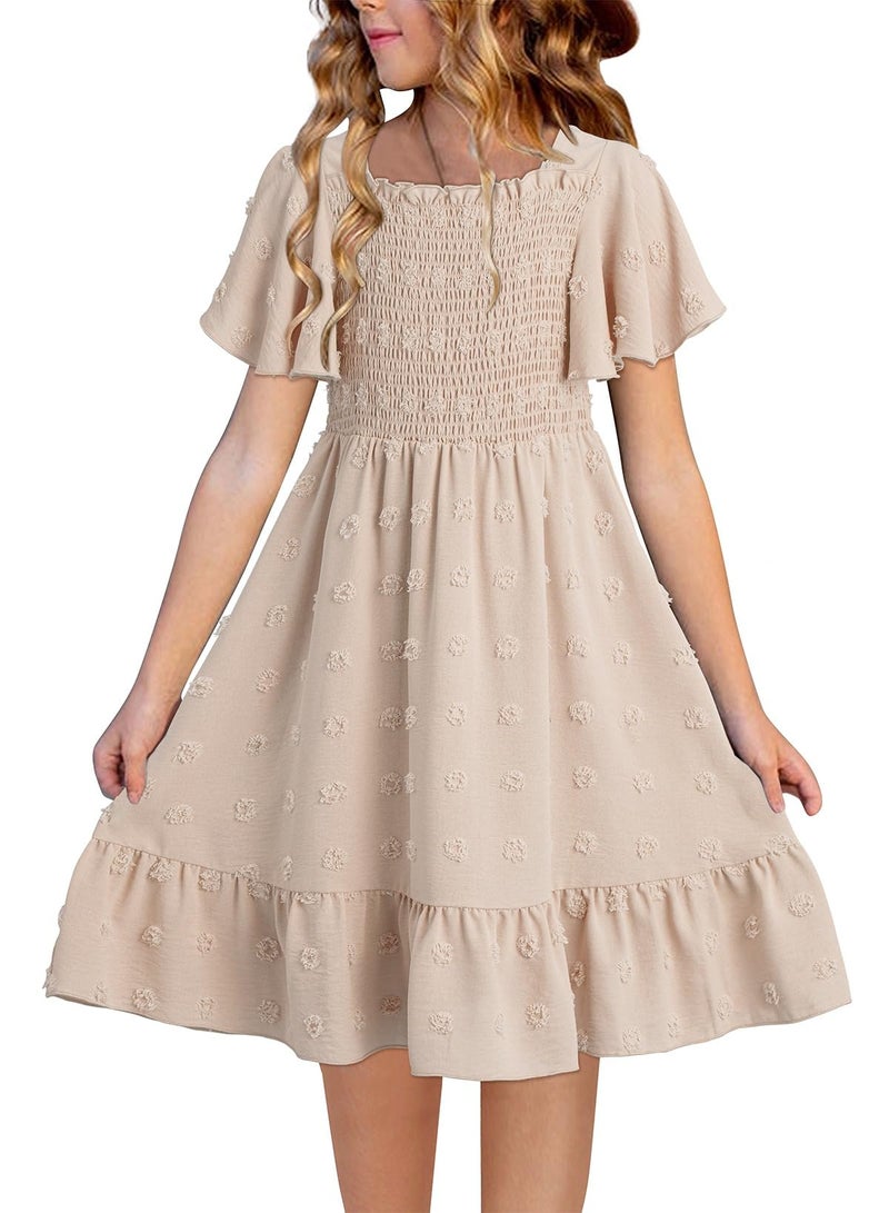blibean Tween Girls Summer Dress Teen Girl Chiffon Flower Boho Dresses Big Kids Flutter Short Sleeve Cute Clothes School Polka Dots Easter Vestidos NiÃ±as Size 10-11 Years Old Cream - Image 1