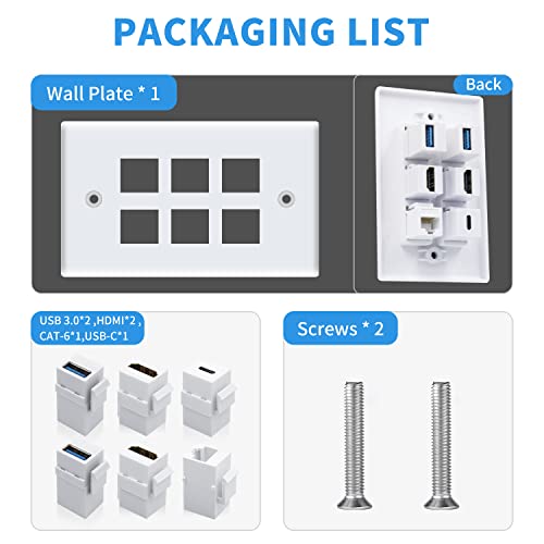 Poyiccot Outlet Wall Plate for HDMI Ethernet & USB 3.0 & Type C, 6Port 2x HDMI HDTV + 2x USB 3.0 +1x Cat6 RJ45 Ethernet + 1x Type C Keystone Connector for Cable Wall Plate Cover, White - Image 2