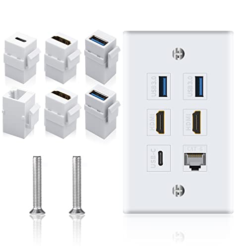 Poyiccot Outlet Wall Plate for HDMI Ethernet & USB 3.0 & Type C, 6Port 2x HDMI HDTV + 2x USB 3.0 +1x Cat6 RJ45 Ethernet + 1x Type C Keystone Connector for Cable Wall Plate Cover, White - Image 1