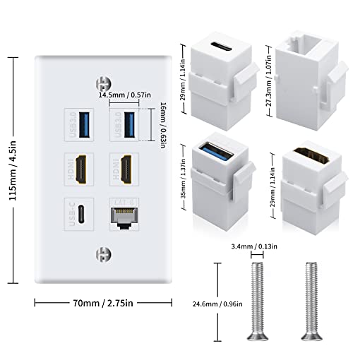 Poyiccot Outlet Wall Plate for HDMI Ethernet & USB 3.0 & Type C, 6Port 2x HDMI HDTV + 2x USB 3.0 +1x Cat6 RJ45 Ethernet + 1x Type C Keystone Connector for Cable Wall Plate Cover, White - Image 5