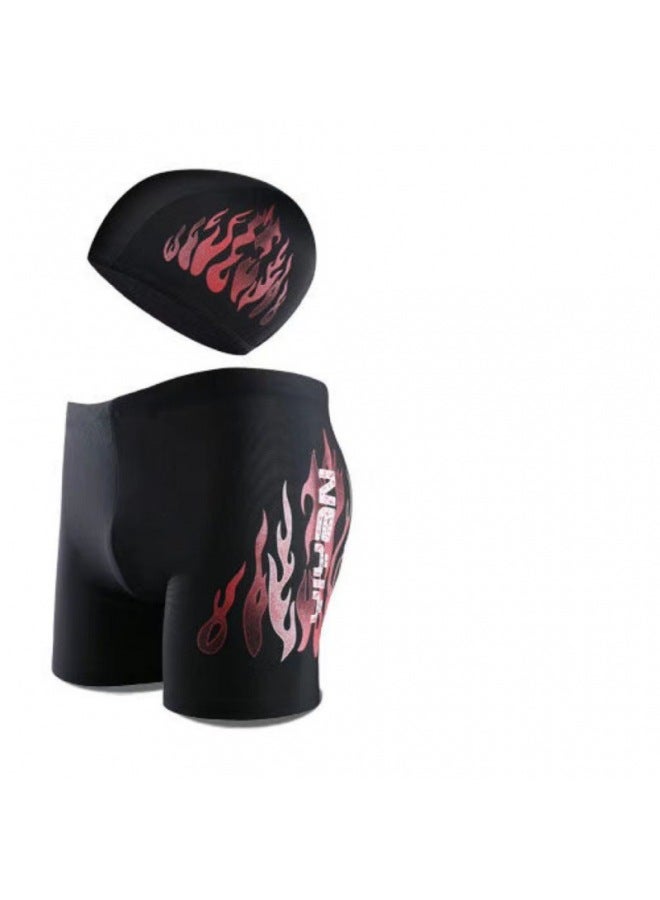 Yiyan Swimming Trunks Men's Flat-angle Hot Spring Quick-drying Beach Pants Plus Size Loose Fashionable Men's Swimming Trunks Swimming Equipment Set-Color:Red Fire Swimming Trunks + Swimming Cap-Size:3xl( 80-90kg )