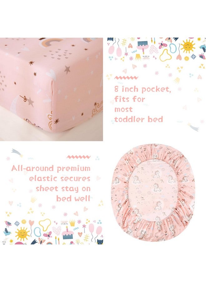 جي اس دي طقم ملاءات سرير يونيكورن وردي للفتيات الصغيرات مكون من 4 قطع من الألياف الدقيقة الناعمة لسرير الأطفال الصغار - Image 3