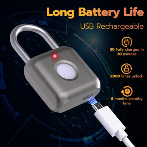 Pothunder Fingerprint Smart Padlock Lock, Biometric Metal Keyless Thumbprint Lock, Waterproof, USB Rechargeable, for Gym Locker, School Locker, Luggage, Backpack, Suitcase(Gray) - Image 5