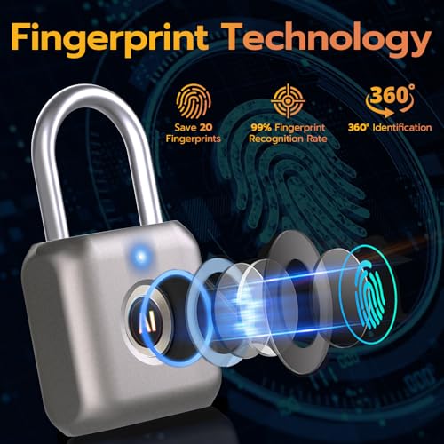 Pothunder Fingerprint Smart Padlock Lock, Biometric Metal Keyless Thumbprint Lock, Waterproof, USB Rechargeable, for Gym Locker, School Locker, Luggage, Backpack, Suitcase(Gray) - Image 3