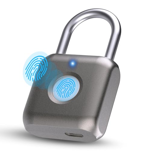 Pothunder Fingerprint Smart Padlock Lock, Biometric Metal Keyless Thumbprint Lock, Waterproof, USB Rechargeable, for Gym Locker, School Locker, Luggage, Backpack, Suitcase(Gray) - Image 1