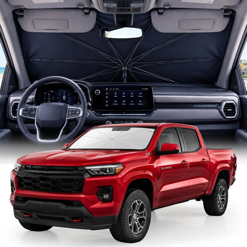 [2026 Upgraded] Custom Windshield Sun Shade for Mid-Size Pickup Truck 5 Layers Ice Crystal Coating Blocks 99% UV, Cools Interior | 360° Swivel Handle for Easy Use - Image 1