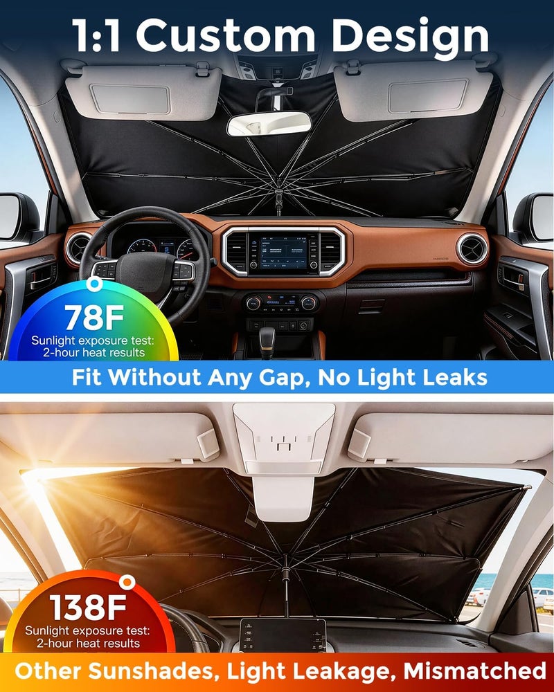 [2026 Upgraded] Custom Windshield Sun Shade for Mid-Size Pickup Truck 5 Layers Ice Crystal Coating Blocks 99% UV, Cools Interior | 360° Swivel Handle for Easy Use - Image 2
