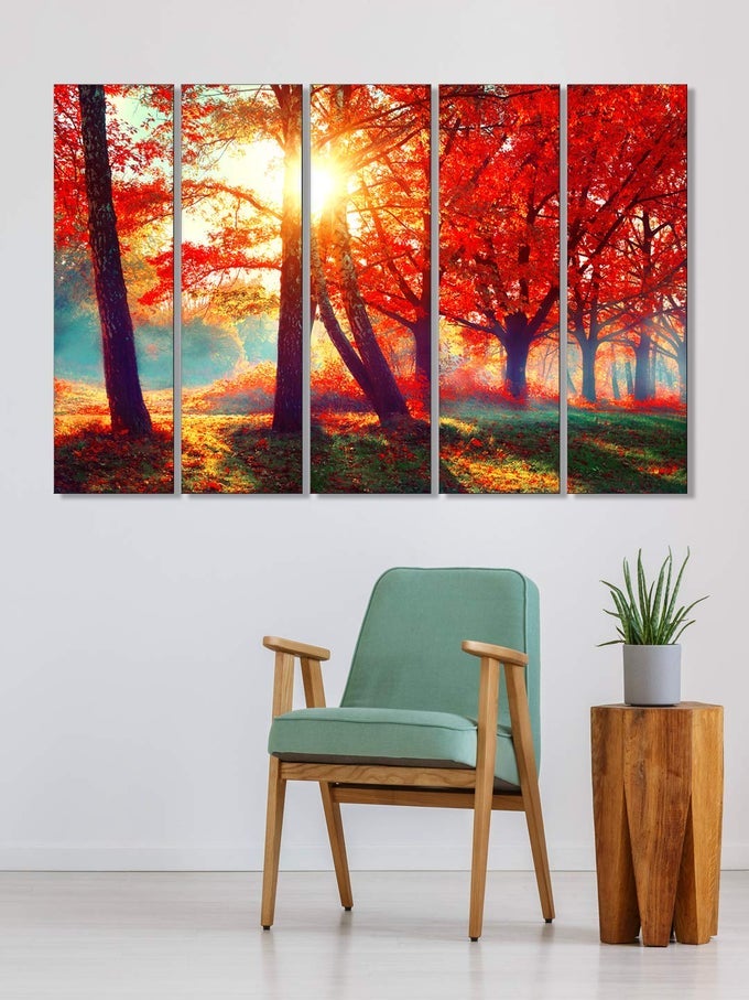 HOUSE DECORATING THINGS PAINTING FOR LIVING ROOM WITH FRAME RED LEAVES TREE FOREST WALL ART PANELS HANGING TREE PAINTING SET OF 5 FRAMES 130 X 76 CM