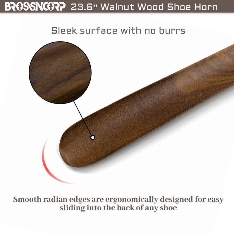 Brosisincorp Wooden Shoe Horn Long Handle For Seniors 23.6" Easy Wear Helper Shoehorns Women Kids Baby Elderly Hanging Rings Black Walnut Wood - Image 3