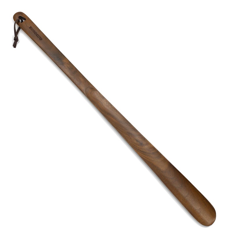 Brosisincorp Wooden Shoe Horn Long Handle For Seniors 23.6" Easy Wear Helper Shoehorns Women Kids Baby Elderly Hanging Rings Black Walnut Wood - Image 1