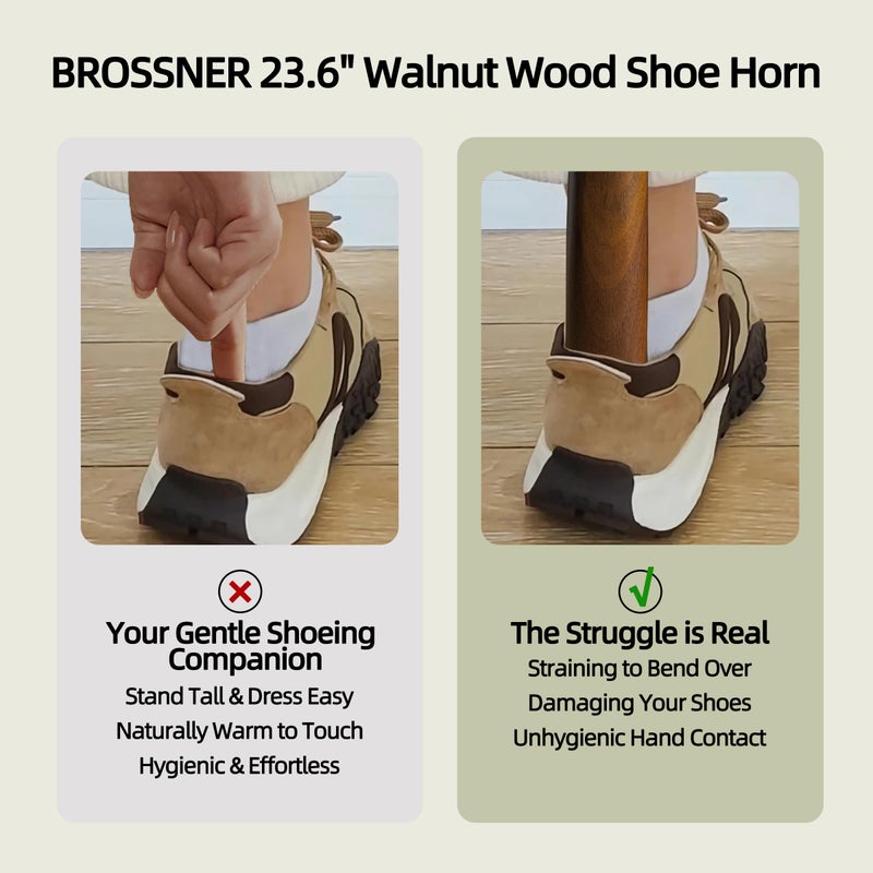 Brosisincorp Wooden Shoe Horn Long Handle For Seniors 23.6" Easy Wear Helper Shoehorns Women Kids Baby Elderly Hanging Rings Black Walnut Wood - Image 4