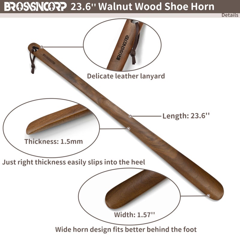 Brosisincorp Wooden Shoe Horn Long Handle For Seniors 23.6" Easy Wear Helper Shoehorns Women Kids Baby Elderly Hanging Rings Black Walnut Wood - Image 2