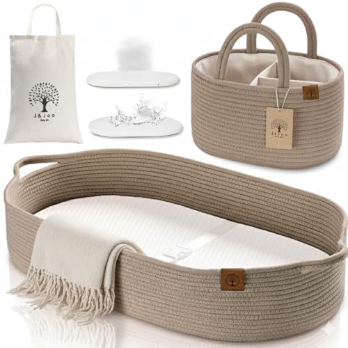 JJOO Baby Changing Basket Includes Diaper Caddy - Soft & Waterproof Dual-Cover, Portable, Changing Pad for Dresser & Changing Table, Gift for Baby Shower, Organic Cotton Rope - Image 1