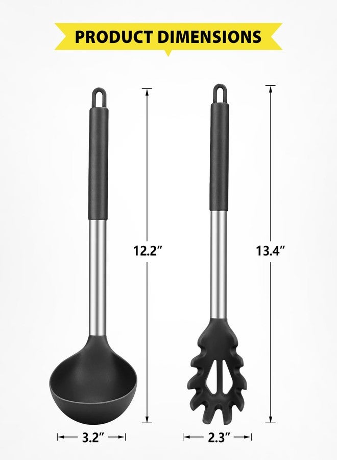 SouxMux Silicone Pasta Fork and Soup Ladle Set, Non-Stick BPA Free Heat-Resistant Handy Kitchen Utensils for Cooking, Serving, Draining, Stirring (Black) - Image 2