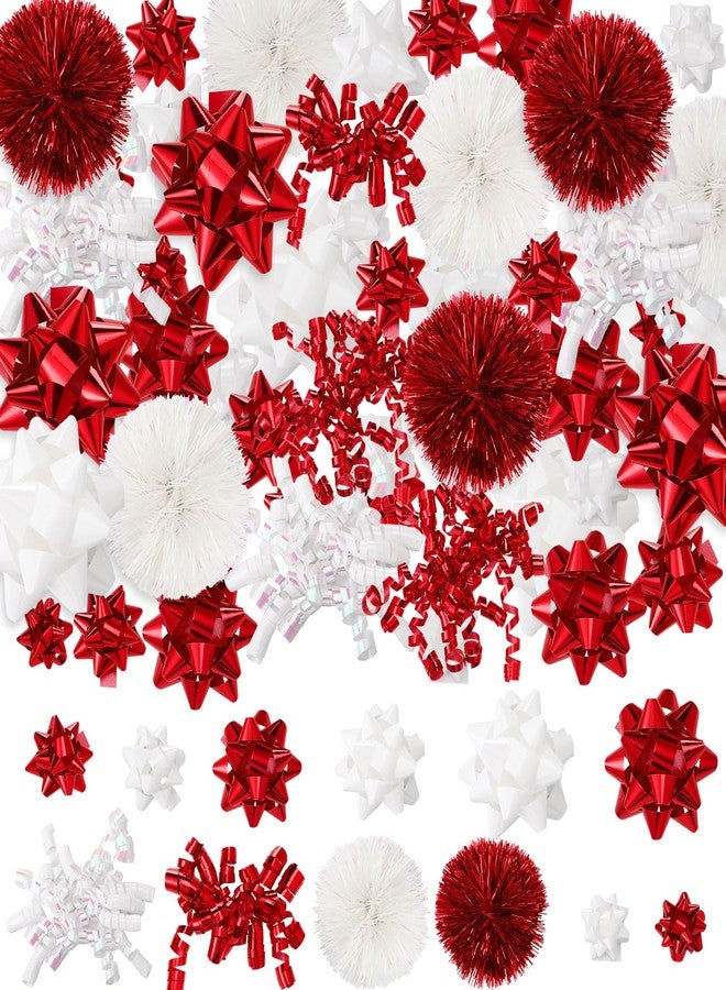 Daifunli 48 Pieces Christmas Gifts Bows Christmas Bows for Gift Wrapping Self Adhesive Gift Wrap Bows Gift Curly Bows Tinsel Bows Holiday Gift Bow Assortment for Xmas Present Decoration(Red, White - Image 1