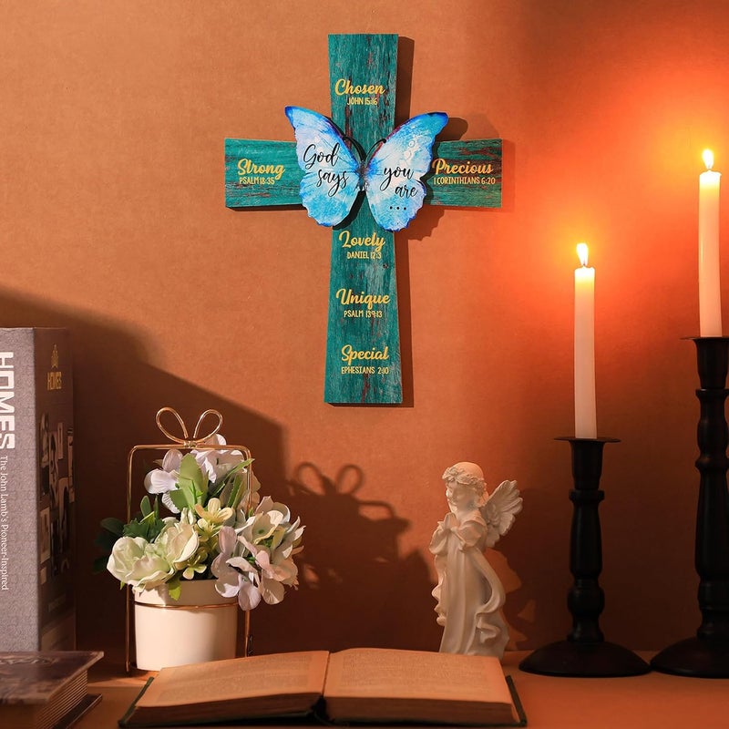 Panelee 11.81 Inch Cross Christian Wood Sign Inspirational Wood Wall Decor Bible Verse Wall Sign Bible Theme Scripture Hanging for Room Office Kitchen - Image 2