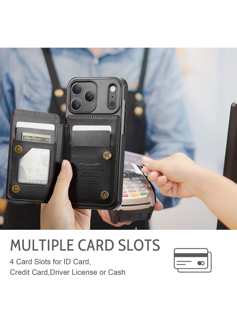 XIMAND جراب محفظة لهاتف آيفون 17 برو ماكس مزود بتقنية حجب RFID وحامل لخمس بطاقات ائتمان، مصنوع من جلد فاخر متين رفيع، مزود بمشبك مغناطيسي وحامل قابل للطي، غطاء واقٍ شديد التحمل ومقاوم للصدمات. أسود - Image 2