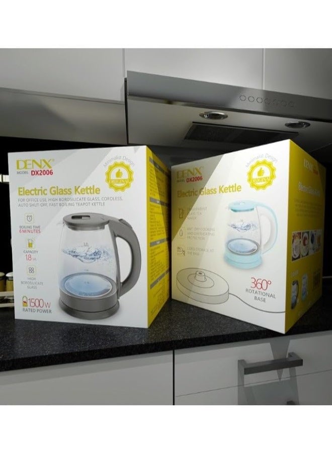 دينكس غلاية كهربائية زجاجية من دينكس DX2006 - سعة 1.8 لتر، غليان سريع، 1500 واط، إيقاف تشغيل تلقائي، مصنوعة من الزجاج والفولاذ المقاوم للصدأ الآمنين للطعام، قاعدة دوارة 360 درجة، سهلة التنظيف، تصميم متين للاستخدام في المنزل والمكتب. - Image 4