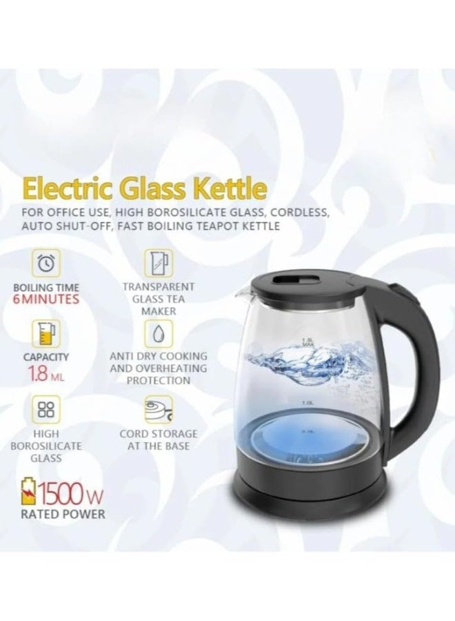 دينكس غلاية كهربائية زجاجية من دينكس DX2006 - سعة 1.8 لتر، غليان سريع، 1500 واط، إيقاف تشغيل تلقائي، مصنوعة من الزجاج والفولاذ المقاوم للصدأ الآمنين للطعام، قاعدة دوارة 360 درجة، سهلة التنظيف، تصميم متين للاستخدام في المنزل والمكتب. - Image 2