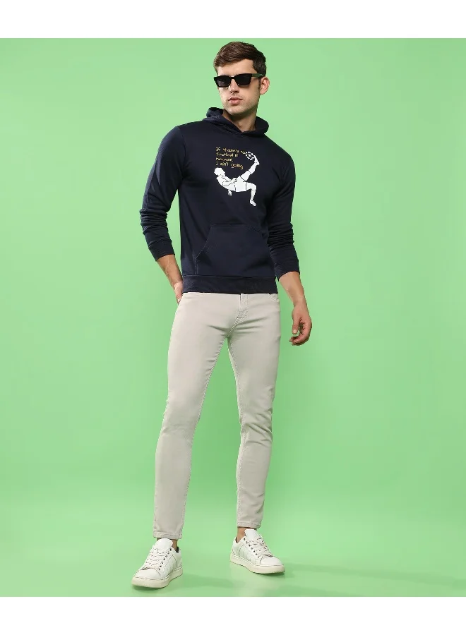 Campus Sutra Men's Navy Blue Football Hoodie With Kangaroo Pocket