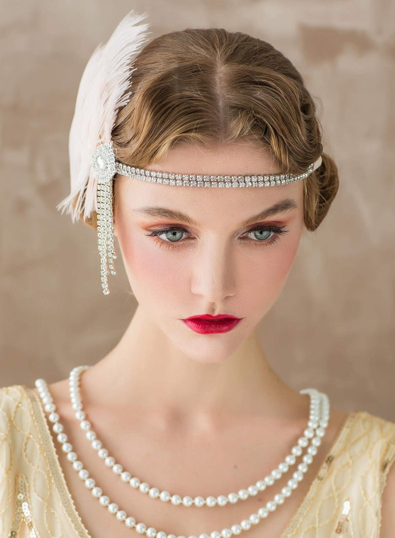 Excefore 1920's Flapper Headband, Great Gatsby Inspired Feather Headpiece 20s Art Deco Hair Accessories, PINK - Image 4