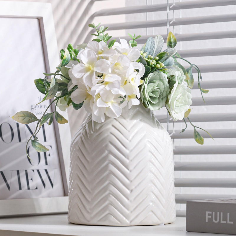 hjn White Vase- Ceramic Vase for Home Decor  Flower Vase for Centerpieces  Morden Table Vase  Boho Vase for Decor Accents/Living Room/Bookshelf/Mantel - White Texture(Small) - Image 1