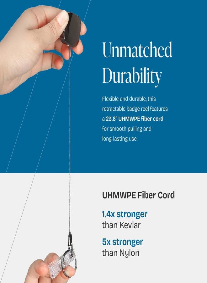 Will Well ID Badge Holder Reel with Clip and Keyring - Heavy-Duty All-Metal Casing with 23.6" UHMWPE Fiber Pull Cord for Easy Access, Holds up to 8 Keys - 2-Pack, Small Square, Glossy Black - Image 3