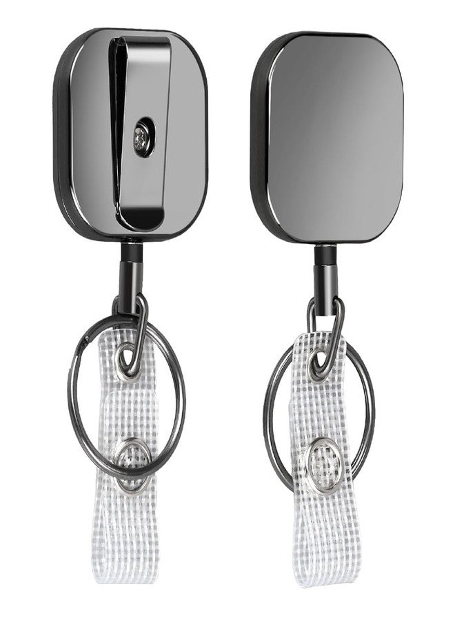 Will Well ID Badge Holder Reel with Clip and Keyring - Heavy-Duty All-Metal Casing with 23.6" UHMWPE Fiber Pull Cord for Easy Access, Holds up to 8 Keys - 2-Pack, Small Square, Glossy Black - Image 1