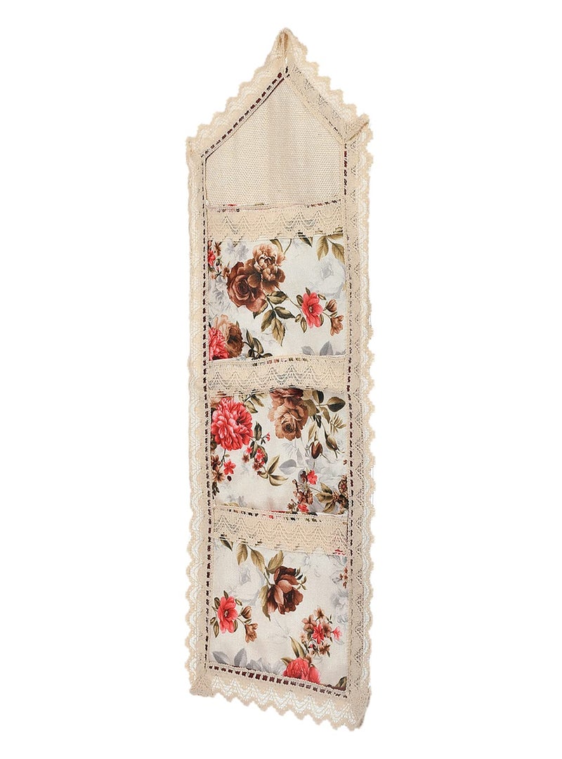 Kuber Industries Flower Printed Multiuses 3 Pockets Wall Hanging Storage Organizer/Holder for Home- Pack of 2 (Cream & Red)-50KM01177 - Image 2