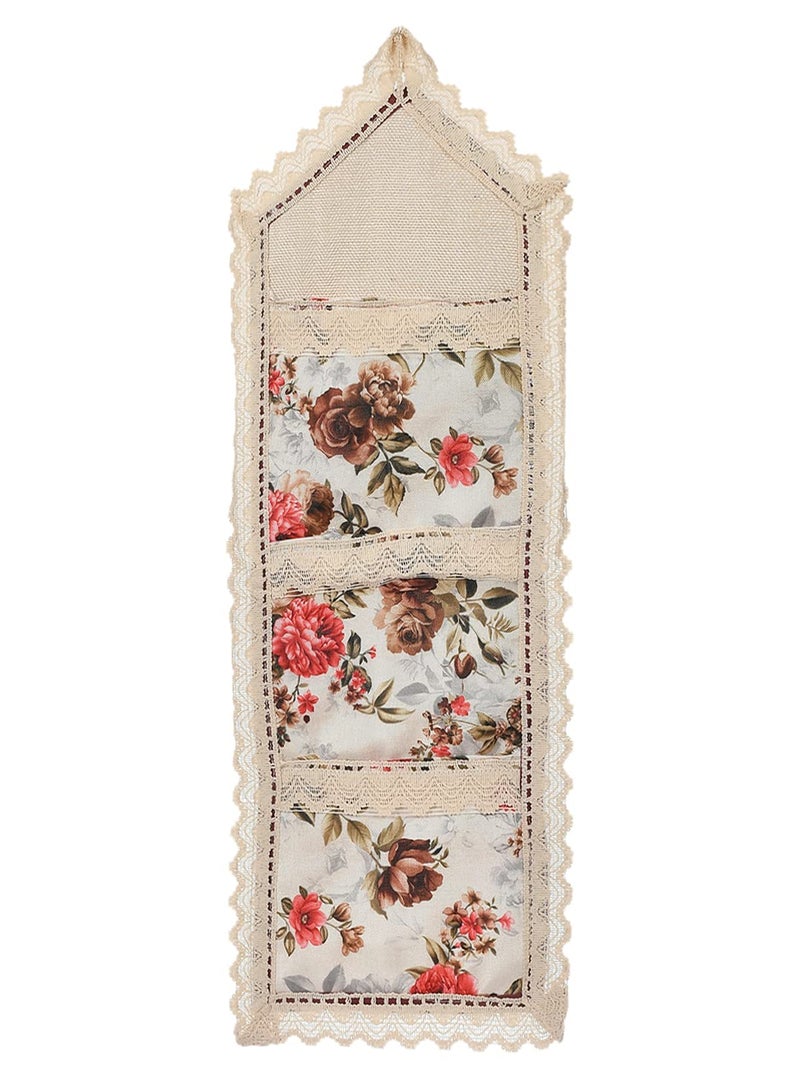 Kuber Industries Flower Printed Multiuses 3 Pockets Wall Hanging Storage Organizer/Holder for Home- Pack of 2 (Cream & Red)-50KM01177 - Image 1