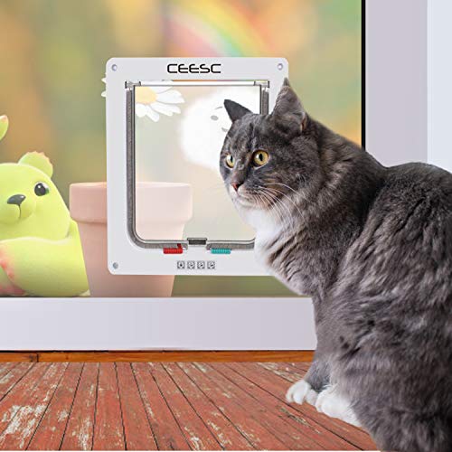CEESC Large Cat Door (Outer Size 11" x 9.8"), 4 Way Locking Cat Door for Windows & Sliding Glass Door, Weatherproof Cat Flap Door for Cats & Doggie with Circumference < 24.8" - Image 4
