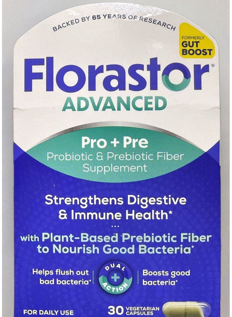 Florastor Select Gut Boost Daily Probiotic & Prebiotic Supplement for Women and Men, Boosts Good Bacteria, Saccharomyces Boulardii CNCM I-745 (30 Capsules) - Image 1