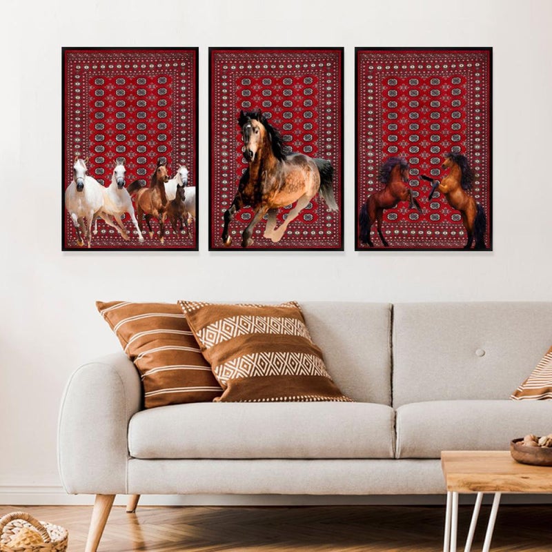 Marktna Three canvas paintings with a horse design and a hollow frame, measuring (150×70), three pieces - Image 2