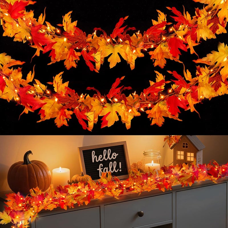 BlcTec Fall Decorations for Home 18 FT Battery Operated Fall Garland with Lights 100 LED Orange Bulbs, 12 Pumpkins, 8 Modes, Timer, Lighted Fall Leaves Garland for Harvest Thanksgiving Decorations - Image 1