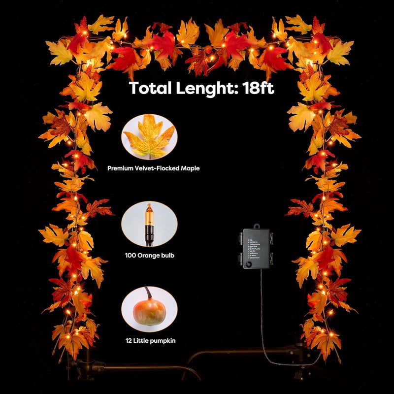 BlcTec Fall Decorations for Home 18 FT Battery Operated Fall Garland with Lights 100 LED Orange Bulbs, 12 Pumpkins, 8 Modes, Timer, Lighted Fall Leaves Garland for Harvest Thanksgiving Decorations - Image 5