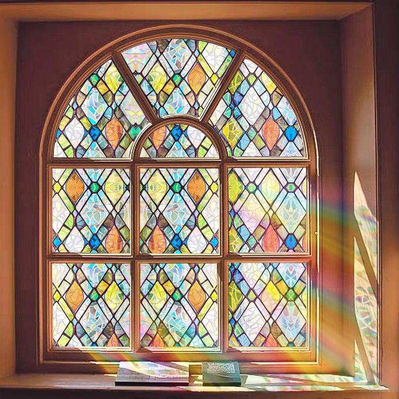Bectosy Window Privacy Film, Static Cling Stained Glass Window Film Decorative, Non-Adhesive 3D Rainbow Frosting Film Anti-UV for Bathroom Home Door (Colorful, 17.5" x 78.7") - Image 1